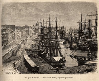 Die Kais von Montreal, Gravur nach einer Zeichnung von Th. Weber, die den Ausflug nach Kanada und zur Riviere Rouge du nord, von H. De Lamotte, 1873, illustriert, veröffentlicht in „Le tour du monde“ 1875, herausgegeben von Edouard Charton, Hachette-Ausgab von Theodore Weber