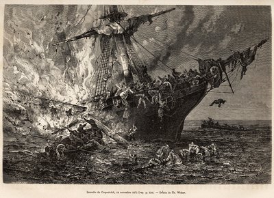 Das Feuer der Cospatrick, ein britisches Schiff mit mehr als 400 Auswanderern nach Neuseeland, am 19. November 1874, graviert nach einer Zeichnung von T. Weber, zur Illustration der Studie von Stürmen und Reisen, von Herrn Zurcher und Herrn Margolle, 1870- von Theodore Weber