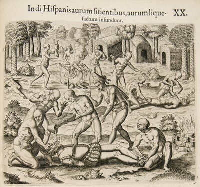 Weil die Spanier nach Gold dürsten, gießen die Indianer flüssiges Gold in sie. Aus: Americae pars qv von Theodore de Bry