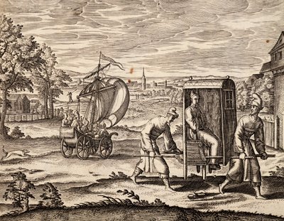 Chinesische Sänfte, Ostindien, Stich nach einem Werk von Theodor de Bry, China von Theodore de Bry