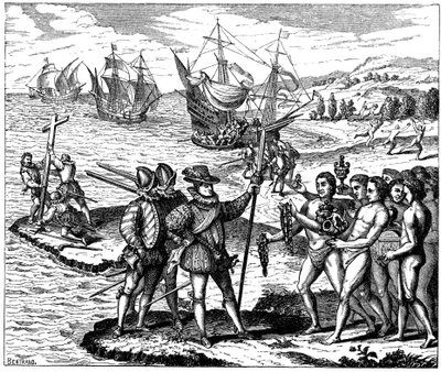 Christoph Kolumbus, genuesischer Entdecker, entdeckt Amerika, 12. Mai 1492 von Theodore de Bry