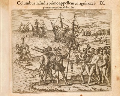 Christoph Kolumbus landet auf der Insel Guanahani (San Salvador) am 12. Oktober von Theodore de Bry