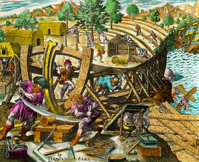 Bau eines Bootes für den spanischen Navigator Vasco Nunez de Balboa (1475-1517). Gravur aus Geschichte der Amerikas von Theodore de Bry (1528-1598) 16. Jahrhundert. Privatsammlung von Theodore de Bry