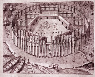 Verteidigungssystem der Indianerhütten durch eine doppelte Reihe von Baumstämmen. Die abgetrennten Köpfe der Feinde sind oben platziert (Gravur) von Theodore de Bry