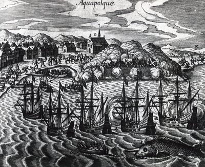 Flotte von Galeonen im Hafen von Acapulco, von Theodor de Bry, Stich von Theodore de Bry
