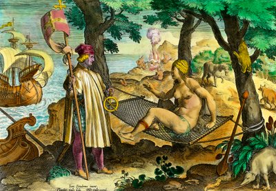 Geschichte Amerikas: Erster Kontakt des italienischen Navigators Amerigo Vespucci mit den Indianern Amerikas von Theodore de Bry