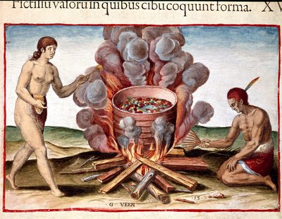 Indianer kochen Fisch. Gravur aus „Admirante Narratio Americae“ von Theodore de Bry (1528-1598) von Theodore de Bry