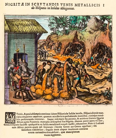 Geschichte Amerikas: Spanier nutzen Goldminen aus. Die Indianer arbeiten vor den Augen der Siedler (Gravur von Theodore de Bry, 16. Jahrhundert, Privatbesitz) von Theodore de Bry