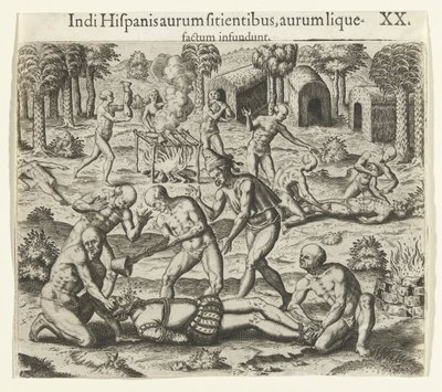 Indianer gießen flüssiges Gold in den Mund eines Spaniers, 1594 von Theodore de Bry