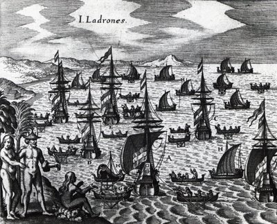 Inseln der Diebe (Islas de los Ladrones, heute Marianeninseln), Gravur aus Peregrinationes von Theodor de Bry, 16. Jahrhundert von Theodore de Bry