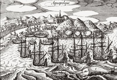 Mexiko, Blick auf Acapulco - Mexiko (Aquapolque), Theodore de Bry, ca. 1630. Frühe Ansicht der kolonialen Siedlung in Acapulco, die die Spanier als Hauptort für ihren Pazifikhandel mit den Philippinen nutzten. Der Hafen ist gefüllt mit Galeonen und einer g von Theodore de Bry