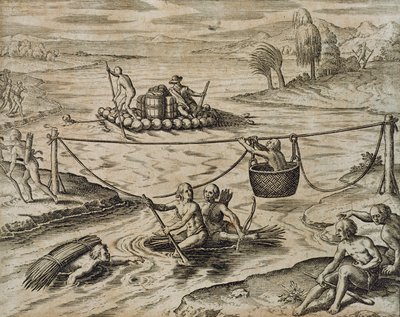 Indianer fahren Stromschnellen hinunter von Theodore de Bry
