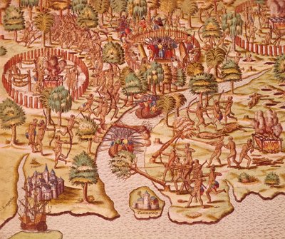 Belagerungs- und Angriffstaktiken bei Zusammenstößen zwischen Einheimischen und Eroberern von Theodore de Bry