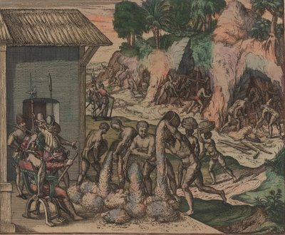 Sklaven gießen Erz vor europäischen Soldaten. Im Hintergrund arbeiten Sklaven in den Minen, 1595 von Theodore de Bry