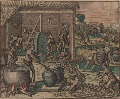 Sklaven verarbeiten Zuckerrohr und stellen Zucker her von Theodore de Bry