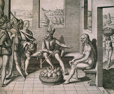 Spanische Eroberer treffen einheimische Frauen in Amerika von Theodore de Bry