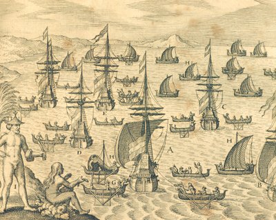 Die Insel der Diebe, Gravur aus der amerikanischen Geschichte von Theodore de Bry, Nordamerika 17. Jahrhundert von Theodore de Bry