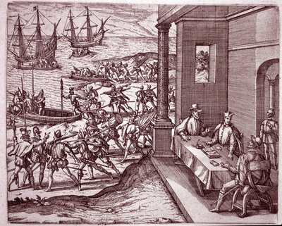 Die spanischen Konquistadoren Francisco Pizarro, Diego de Almagro und Hernando de Luque vereinten ihre Kräfte, um Peru zu erobern (Gravur) von Theodore de Bry