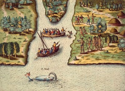 Die Ankunft der Franzosen, Gravur von Theodore de Bry (1528-1598), aus The Discourse of Florida von Theodore de Bry
