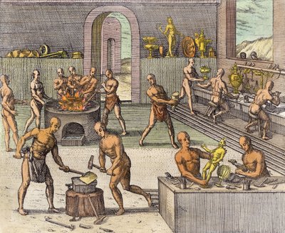 Die Werkstatt der Goldschmiede von Atahualpa in Quito, aus einem Bericht von Girolamo Benzoni, aus 