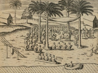 Begrüßung durch indigene afrikanische Eingeborene, Illustration aus Indiae Orientalis von Antonio Pigafetta von Theodore de Bry