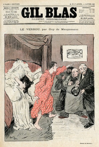Illustration von Steinlen zu Guy de Maupassants Kurzgeschichte „Das Schloss“. Illegitimes Paar in voller Liebe ertappt - Ehebruch, Überraschung. Titelblatt von Gil Blas Nr. 4, 22. Januar von Théophile Alexandre Steinlen