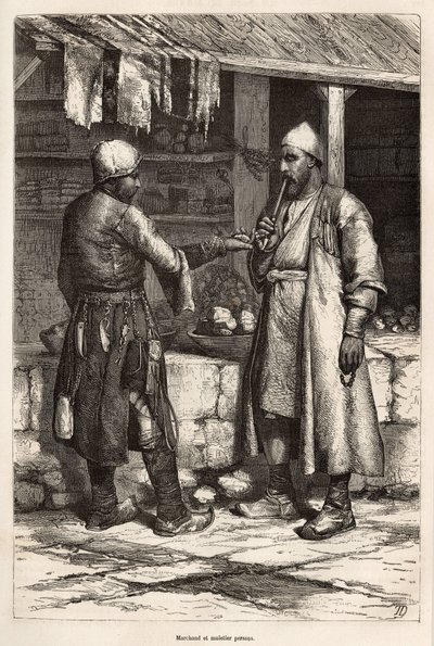 Ein persischer Händler und Maultiermacher in einem Dorf in Armenien, Gravur nach einer Zeichnung des Autors, die die Reise in Lazistan und Armenien von Theophile Deyrolles in 1869 illustriert, veröffentlicht in "Le tour du monde" 1875, herausgegeben von Ed von Theophile Louis Deyrolle