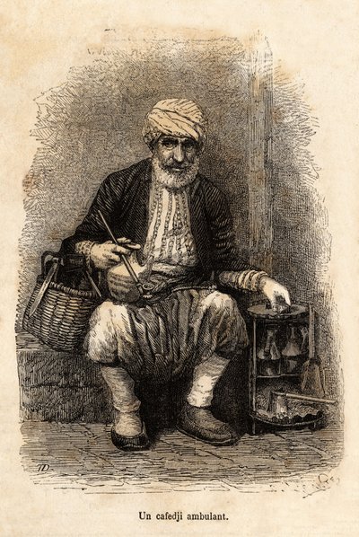 Ein reisender Kaffeehändler (Cafedji) im Basar von Trapezunt (heutiges Trabzon, an der Schwarzmeerküste), Gravur nach einer Zeichnung des Erzählers, zur Illustration einer Reise nach Lazistan und Armenien, 1869, von Theophile Deyrolle, veröffentlicht in „L von Theophile Louis Deyrolle