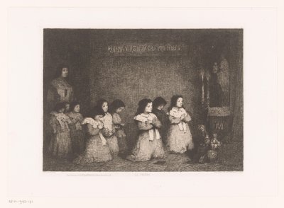 Gruppe von Mädchen im Gebet vor einer Marienstatue von Théodule Augustin Ribot