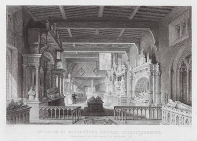 Innenraum der Bottesford Kirche, Leicestershire, Denkmäler der Earls of Rutland (Gravur) von Thomas (after) Allom