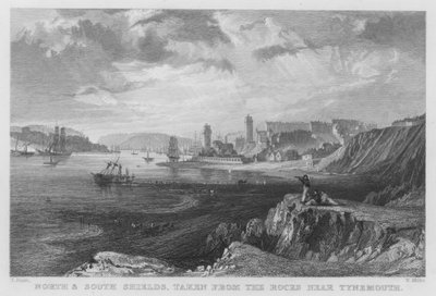Nord- und Südschilde, von den Felsen bei Tynemouth aus gesehen (Stich) von Thomas (after) Allom