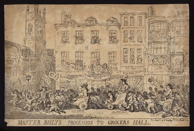 Meister Billys Prozession zur Grocers Hall; Politische Satire auf die Prozession von William Pitt dem Jüngeren zur Grocers Hall, um die Freiheit der Stadt London zu erhalten von Thomas (after) Rowlandson