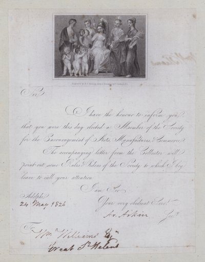 Bestätigungsschreiben der Wahl zur Mitgliedschaft in der Gesellschaft zur Förderung von Kunst, Manufakturen und Handel von Thomas (after) Stothard