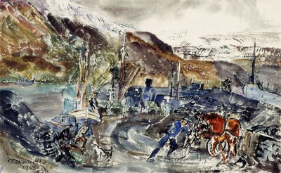 Lokaler Kohlenwagen und Trawler, Seydisfjordur, Island von Thomas Barclay Hennell