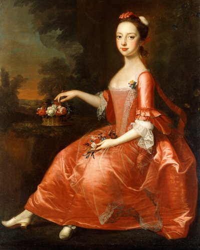 Porträt einer jungen Dame, sitzend in voller Länge, in einem roten Kleid von Thomas Bardwell