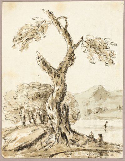 Großer Baum mit See und Bergen im Hintergrund von Thomas Barker