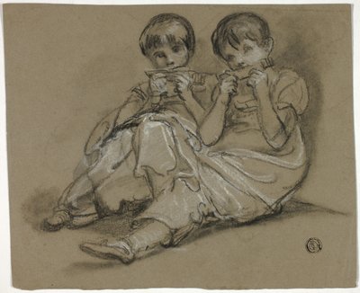 Zwei Mädchen spielen auf Kämmen (recto); Skizze einer sitzenden Frau mit Fragment einer anderen Figur (verso) von Thomas Barker