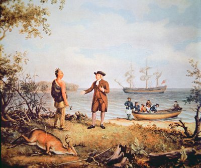 William Penn kommt 1682 zum ersten Mal in Amerika an und trifft einen Ureinwohner von Thomas Birch