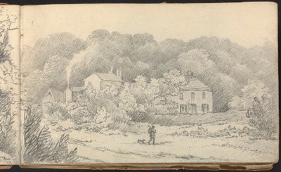 Album mit Landschafts- und Figurenstudien: Ländliche Szene mit Häusern und einem Jäger und seinem Hund von Thomas Bradshaw