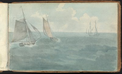Album mit Landschafts- und Figurenstudien: Drei Schiffe auf See von Thomas Bradshaw