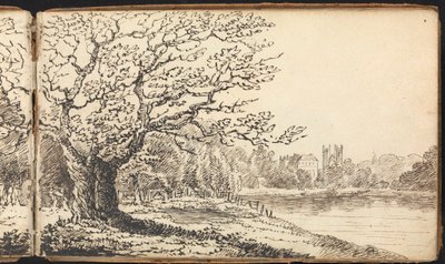 Album mit Landschafts- und Figurenstudien: Bäume entlang eines Flusses mit Gebäuden in der Ferne von Thomas Bradshaw