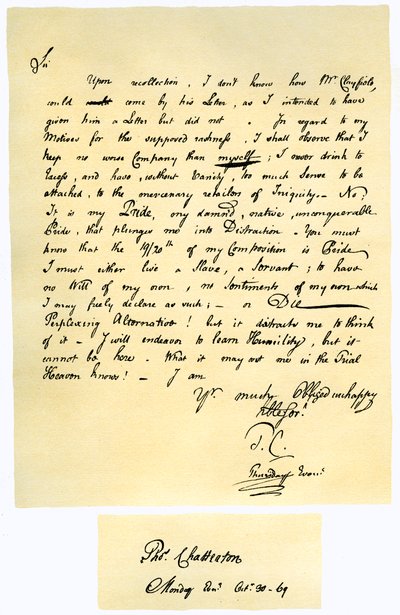 Brief von Thomas Chatterton an William Barrett, 1769 von Thomas Chatterton