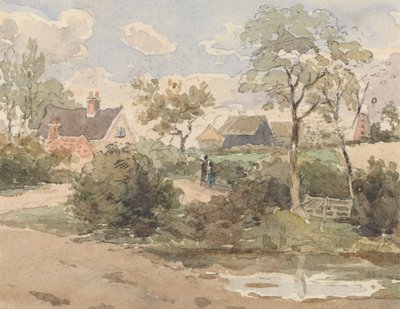 Landschaft mit Landhaus, Windmühle, Scheunen und Figuren mit Teich im Vordergrund von Thomas Churchyard