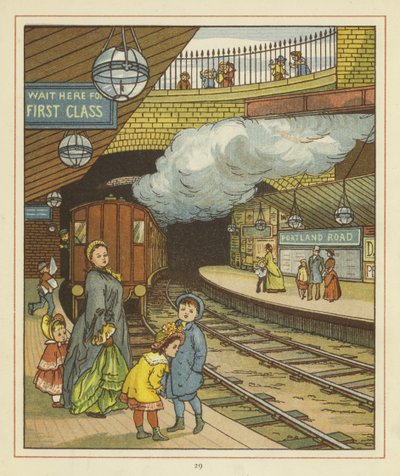 Eine Frau steht mit einer Gruppe von Kindern auf einer Plattform am Bahnhof Portland Road von Thomas Crane