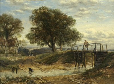 Landschaft mit Bach, Brücke und Hütte von Thomas Creswick