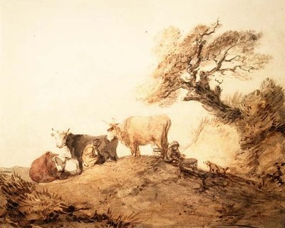 Rinder mit Treibern und einem Hund unter einem Baum von Thomas Gainsborough