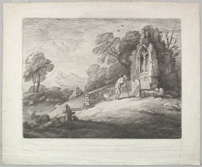 Waldlandschaft mit einem Bauern, der einen Grabstein liest, rustikale Liebhaber und eine Ruine, 1. August 1797 von Thomas Gainsborough