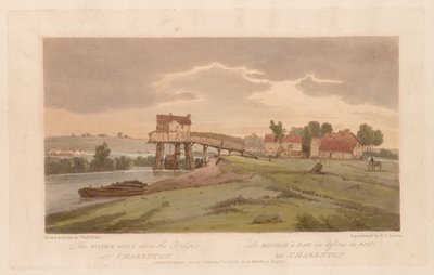 Eine Auswahl von zwanzig der malerischsten Ansichten in Paris: Die Wassermühle oberhalb der Brücke in Charenton von Thomas Girtin