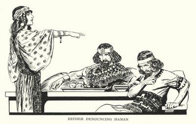 Esther denunziert Haman von Thomas Heath Robinson