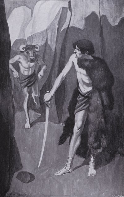 Theseus traf den Minotaurus in einer engen Schlucht von Thomas Heath Robinson